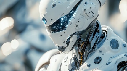 Close-up of a futuristic robot's head with intricate details and a glowing display.