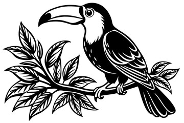 toucan on tree wood  black silhouette illustration,toucan on a branch