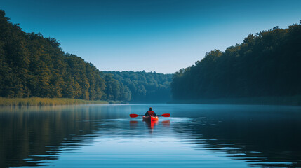 A person navigates a calm river in a kayak, with lush green trees along the banks and a pristine blue sky overhead.
