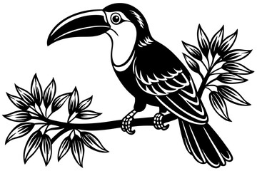 toucan on tree wood  black silhouette illustration,toucan on a branch