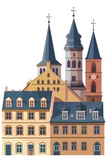 Fototapeta premium Illustration of Old European Cityscape with Towers