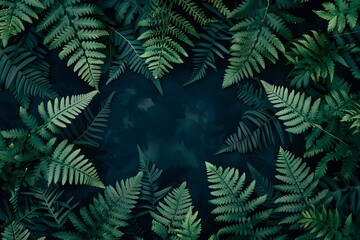Beautiful green fern leaves creating a natural frame over a dark, textured background, showcasing the intricate patterns and lush foliage of tropical plants in a serene and calming design