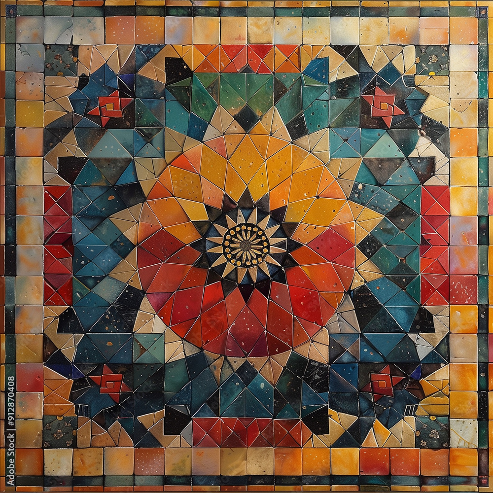 Poster cosmic mosaic: a kaleidoscope of vibrant colors and intricate patterns converge in this mesmerizing 