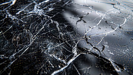 Shattered Connections. Intricate network of cracks and lines on a reflective surface with water droplets, creating a web-like abstract pattern.