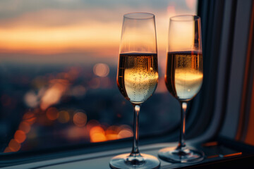 A close-up of glasses of sparkling wine served on board a private jet flying at sunset