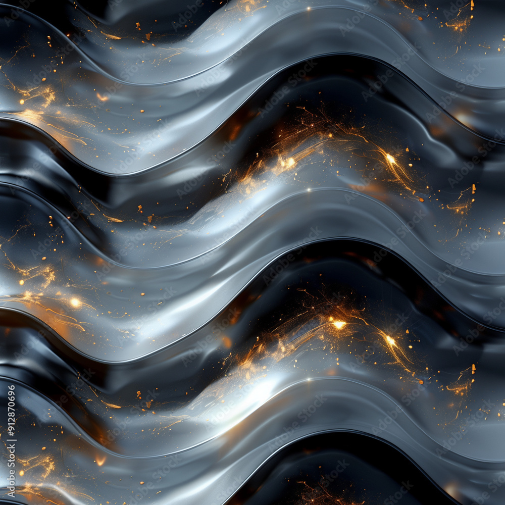 Poster silver waves and golden sparks: a mesmerizing abstract pattern of silver metallic waves, rippling wi