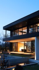 Fototapeta premium Modern Black House with a Wooden Patio and a Small Pond