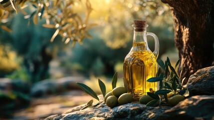 Olive oil in a decorative glass bottle, with fresh olives and leaves, set in a natural scenic background