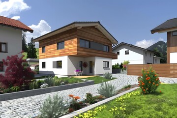 Fototapeta premium Modern House with Wooden Siding and Landscaping