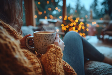 A person sipping coffee from a mug while sitting in a cozy home setting.