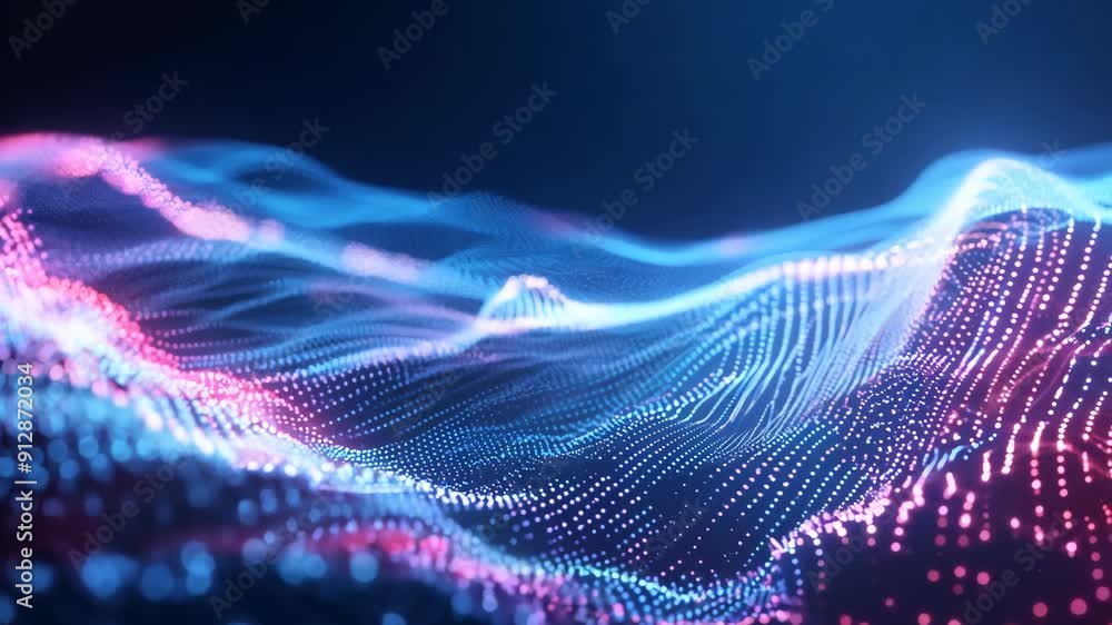 Poster Abstract digital waves background. Future and futuristic technology. Neon particles waveform 3D animation. AI and Data Science Visualization