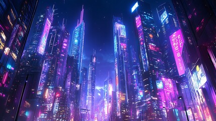 Futuristic Cityscape with Neon Lights and Tall Buildings