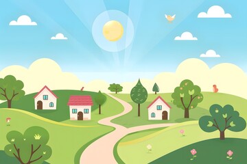Cartoon Illustration of a Beautiful Sunny Day in a Green Village with Houses and Winding Roads