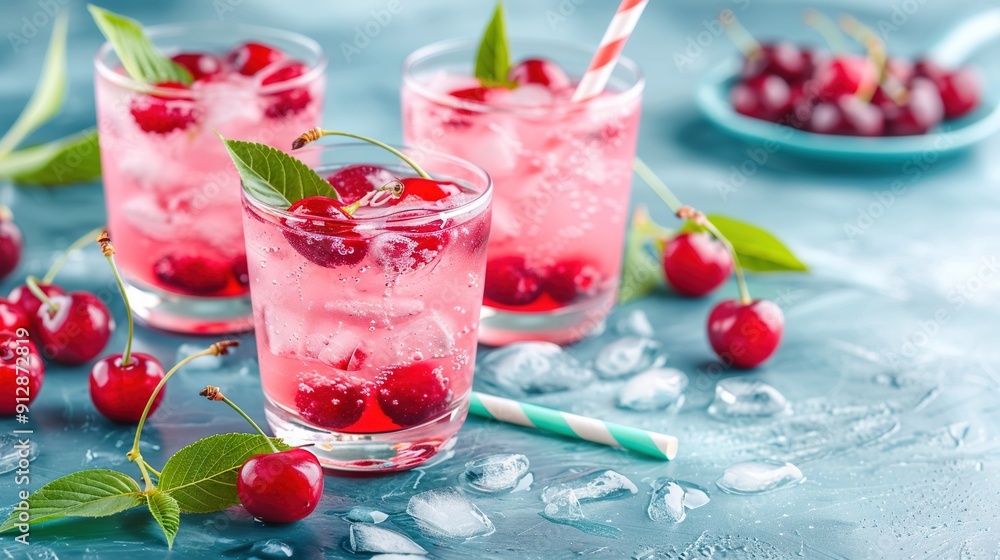 Wall mural   A close-up of a cherry-filled drink with a straw positioned at the center of the glass