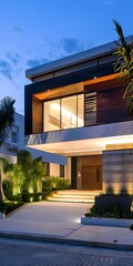 Fototapeta premium Modern House with a Stone Wall and Landscaping
