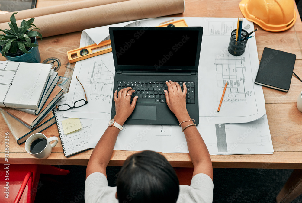 Poster woman, architect and typing on laptop with paperwork, above or development with design in office. pe