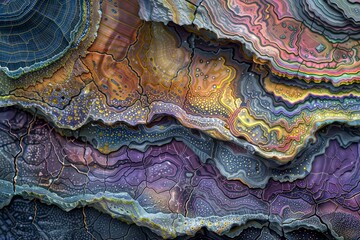 Psychedelic Strata. Vibrant layered patterns in pink, orange, and purple tones resembling colorful geological strata or psychedelic landscapes.