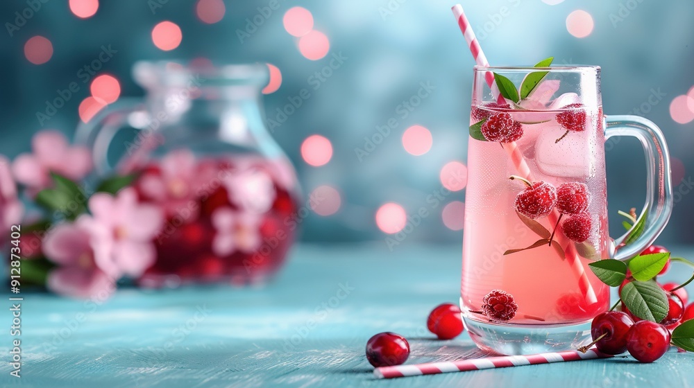 Aufkleber a glass of raspberry lemonade and pitcher of lemonade with cherries on a table