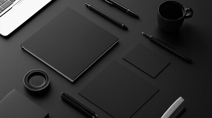Professional black branding identity mockup with a polished finish, providing ample space for custom designs and marketing content