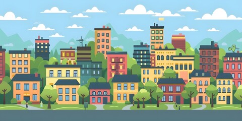 Cartoon Illustration of Cityscape with Buildings and Trees