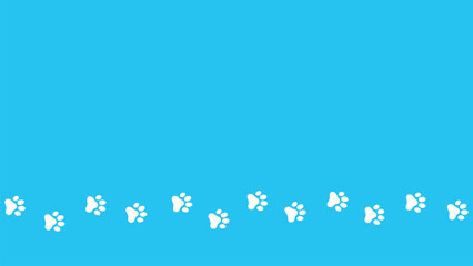 Trail of dog or cat paw prints on a blue background.  Steps tracing the path. Copy space background with the pet foot. Animal or pet theme seamless pattern backdrop. © Ayeen