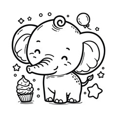 Cute baby elephant drawn with a line. Coloring book.