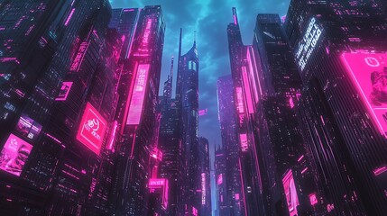 Futuristic Cityscape with Neon Signs and Tall Buildings