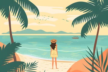 Woman Standing On Beach With Palm Trees In The Background