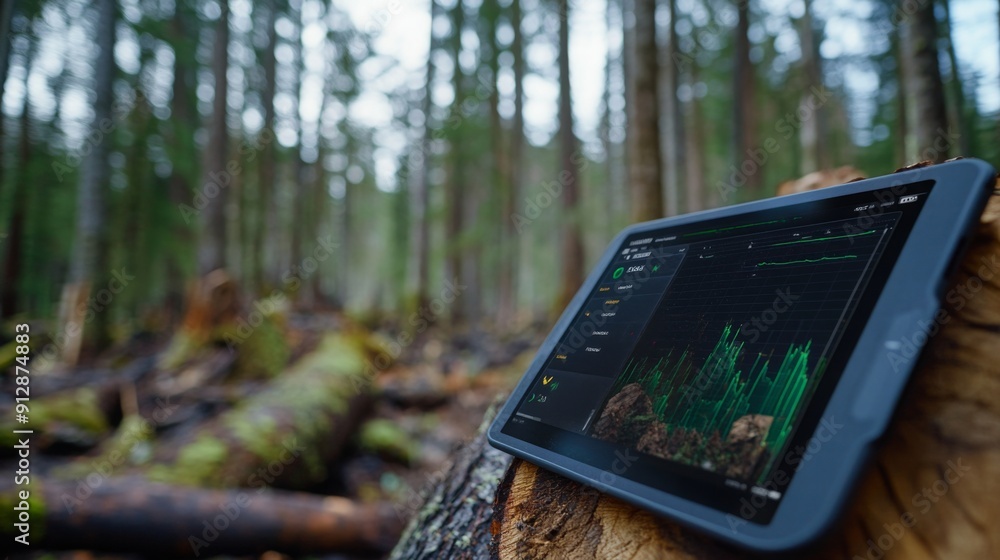Poster A tablet rests on a cut log, presenting data analytics against a backdrop of towering trees and forest debris.