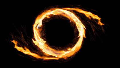 Fiery ring of flames on black background. Blurred motion. Abstract burning round shape.