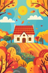 Autumn House with Red Roof and Yellow Trees