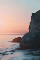 Seascape with a Cliff and Pink Sunset