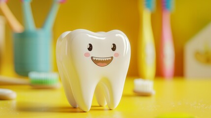 Funny cartoon white tooth with a smile on a yellow table. In the background there is a yellow background and multi-colored children's toothbrushes. Zoom care, treatment and prevention