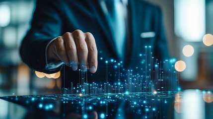 A businessman interacts with a futuristic 3D digital interface, manipulating glowing data points in a dynamic display of business analytics and strategy.