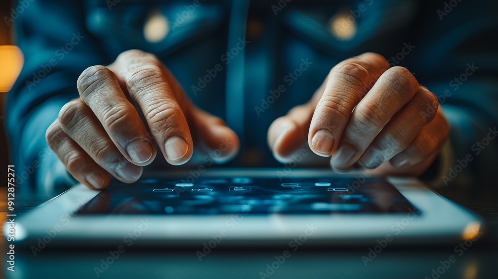 Poster hands hover over a tablet, showcasing a futuristic digital interface, emphasizing the concept of mod