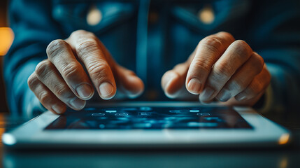 Hands hover over a tablet, showcasing a futuristic digital interface, emphasizing the concept of modern connectivity and the integration of advanced technology in everyday life.