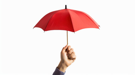 Hand holding a red umbrella Life insurance Business insurance isolated white background