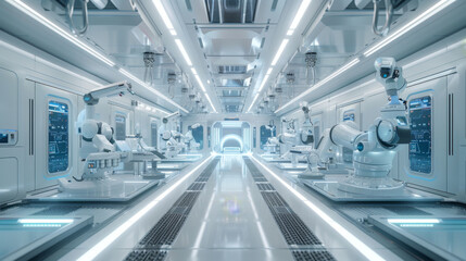 Fototapeta premium white futuristic digital laboratory interior in semiconductor manufacturing factory with machine, computer screen and robotic arms