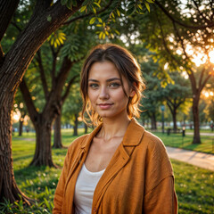 Woman standing in a park during sunset. She is wearing a white top and an orange jacket.