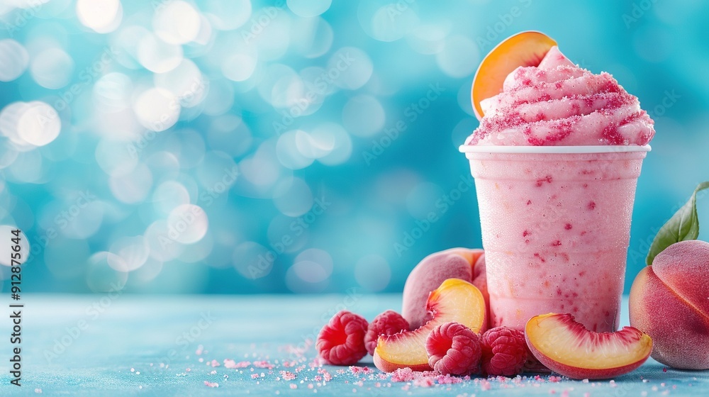 Aufkleber   A sharp focus of a scoop of ice cream with peaches and a piece of fruit on a table against a slightly blurred background