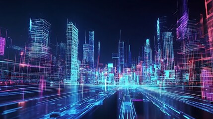 Neon Wireframe Cityscape with Glowing Lines