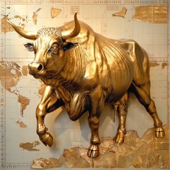37. Golden bull charging through stock charts, [bull market], [wealth surge]