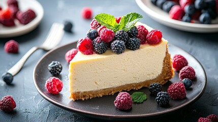 Sumptuous Cheesecake Slice Topped with Fresh Berries - Tempting Dessert Photography.