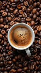 Fototapeta premium A white coffee cup is sitting on top of a pile of coffee beans