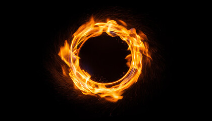 Fiery ring of flames on black background. Blurred motion. Abstract burning round shape.