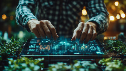Hands interact with a futuristic tablet displaying complex data and controls, set against a nature-infused background with ambient lighting, merging technology with natural elements.