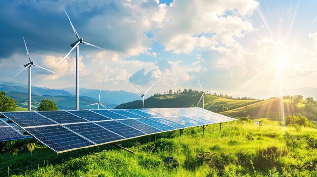 4. Solar panels and wind turbines in a picturesque landscape, representing clean energy solutions for a sustainable future
