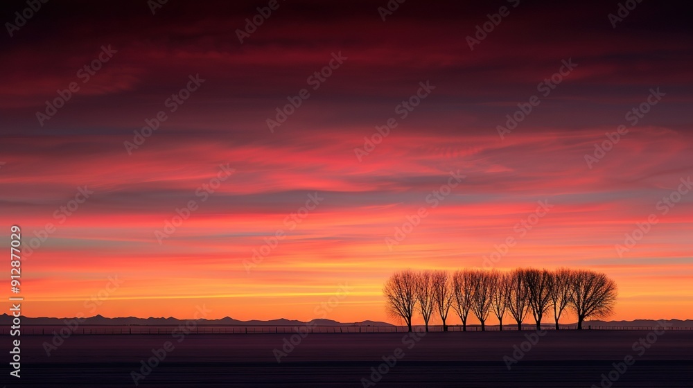 Poster a row of trees stands in front of a red and orange sky, with a line of trees in the background
