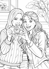 Two friends taking a photo together coloring page