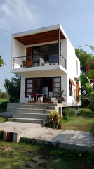 Modern Minimalist Two Storey White House with Wooden Balcony